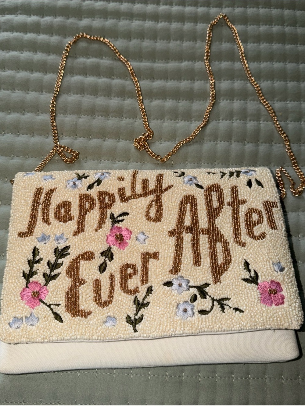 Beaded "Happily Ever After" Floral Crossbody Clutch - Cream & Pink
